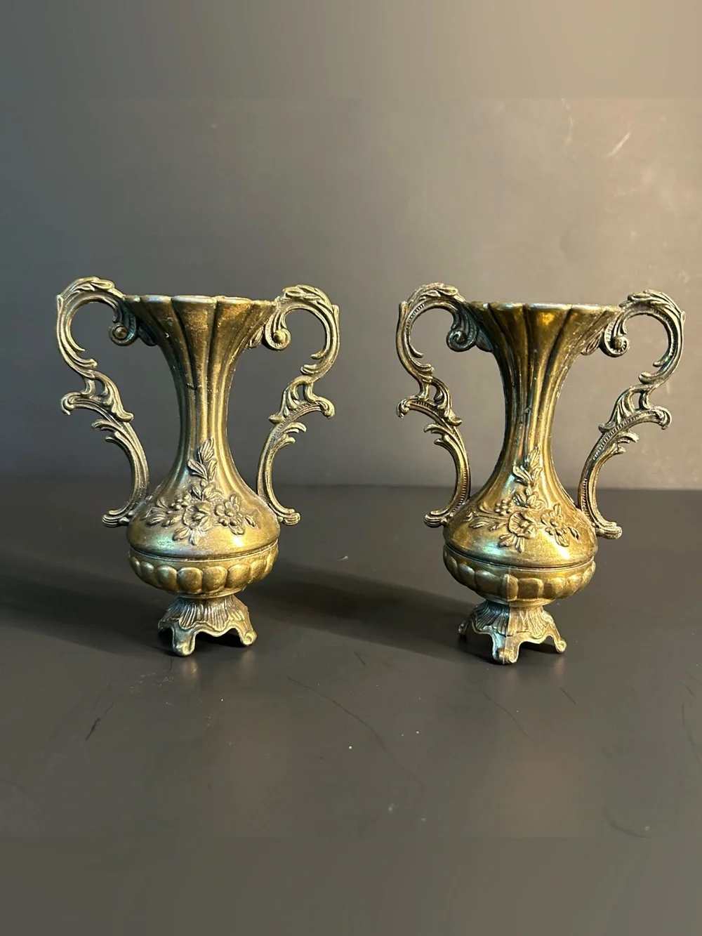 Italian Brass Bud Vases Renaissance Style Set Of 2